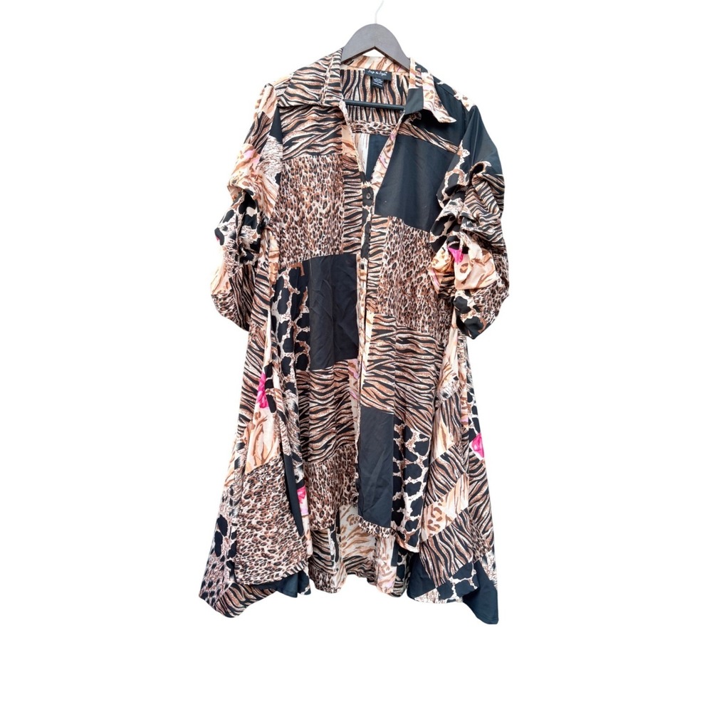 Step In Style 1X Patchwork Animal Print Collared Button Up Shirt Dress